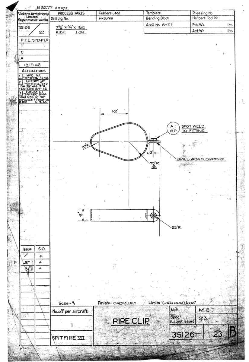 Spitfire Mk VII Type 351 Blueprints 35126 23 B Pipe Clip A4 Photo Print