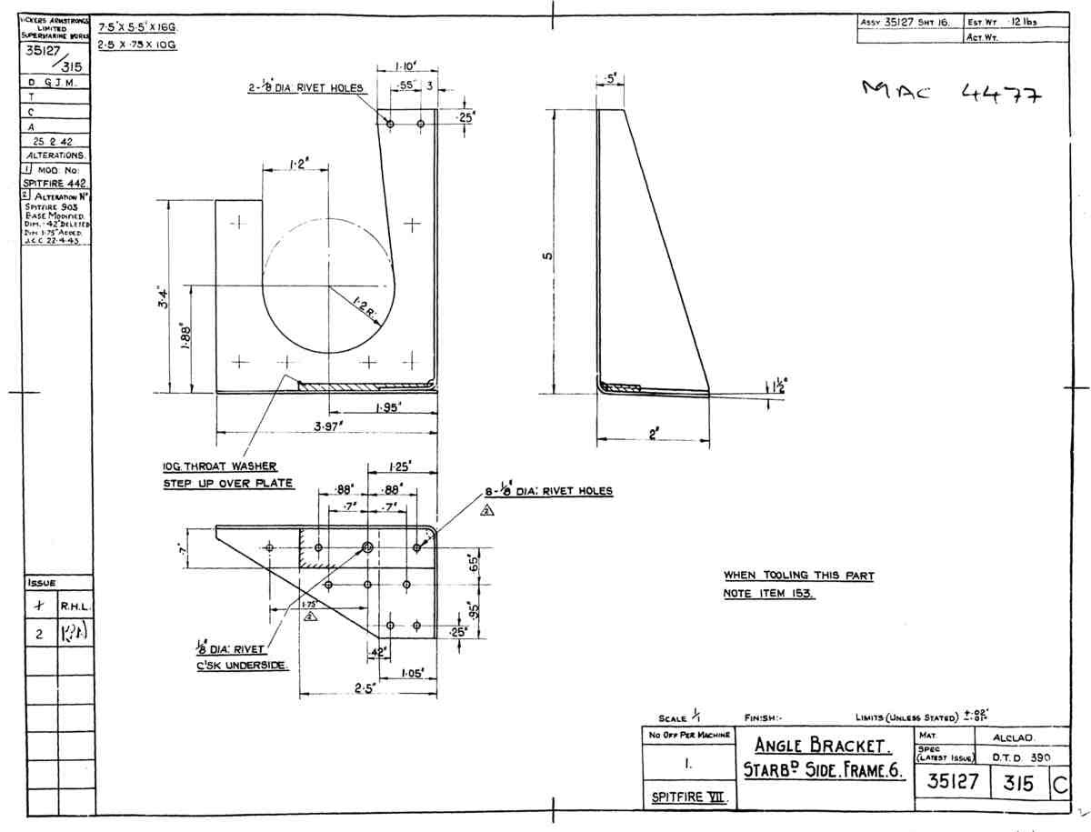Spitfire Mk VII Type 351 Blueprints 35127 315 C Angle Bracket Starboard Frame 6 A4 Photo Print