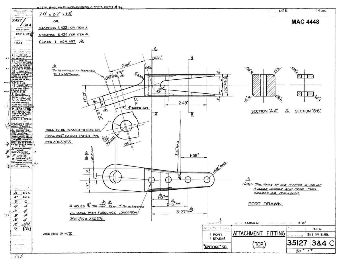 Spitfire Mk VII Type 351 Blueprints 35127 34 C Attachment Fitting Top A4 Photo Print