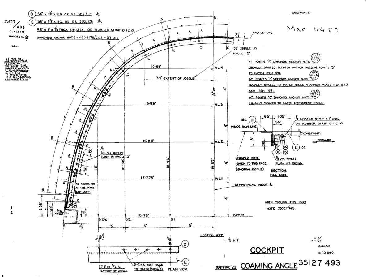Spitfire Mk VII Type 351 Blueprints 35127 493  Cockpit Coaming Angle A4 Photo Print