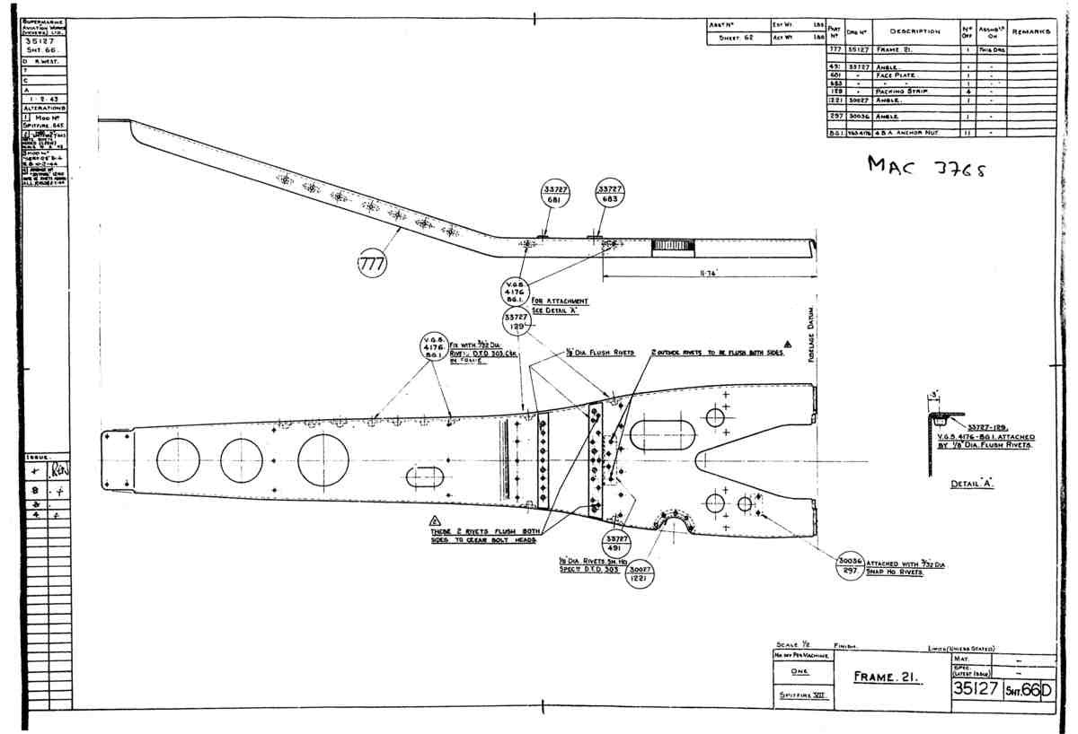 Spitfire Mk VII Type 351 Blueprints 35127 66 D Frame 21 A4 Photo Print