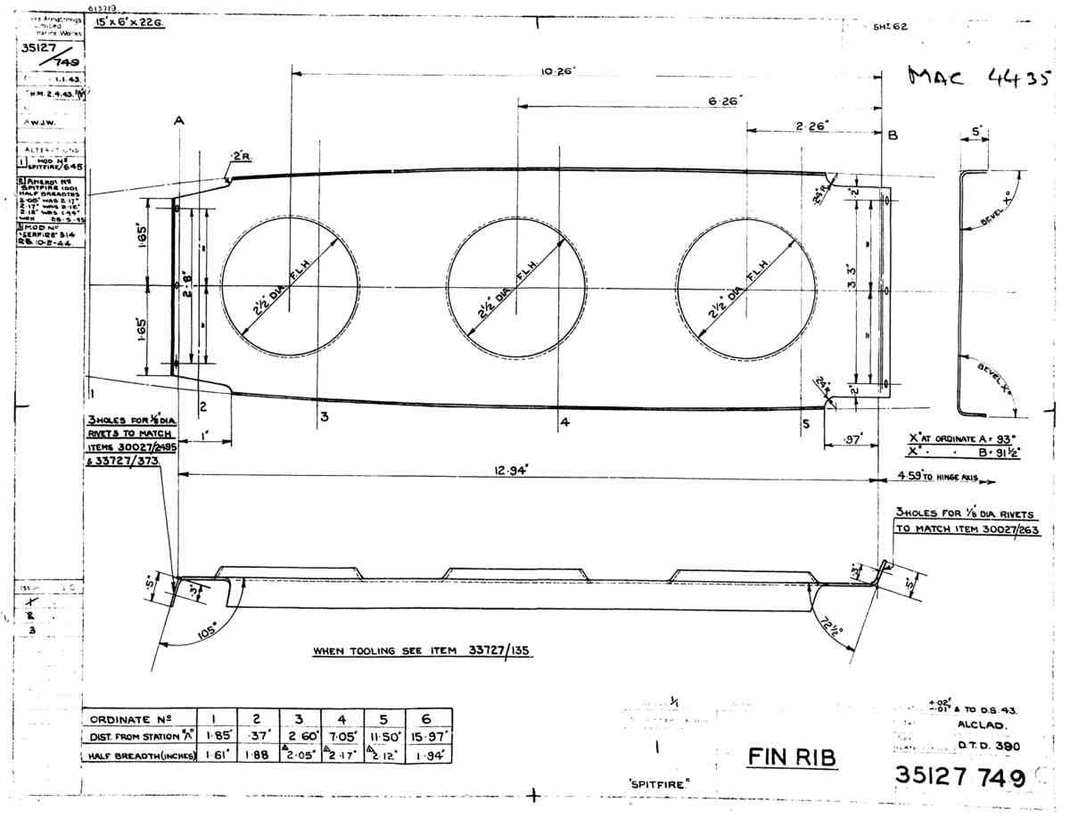 Spitfire Mk VII Type 351 Blueprints 35127 749 C Fin Rib A4 Photo Print