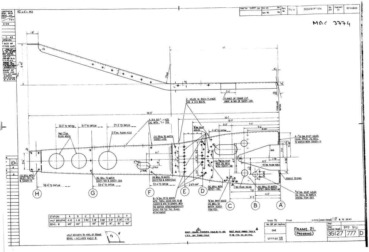 Spitfire Mk VII Type 351 Blueprints 35127 777 D Frame 21 pressing A4 Photo Print