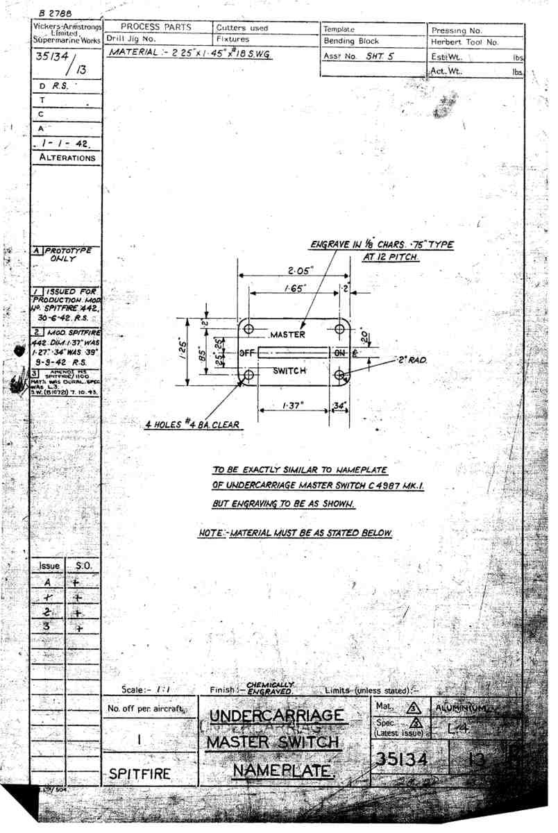 Spitfire Mk VII Type 351 Blueprints 35134 13  UnderCarriage Master Switch name plate A4 Photo Print