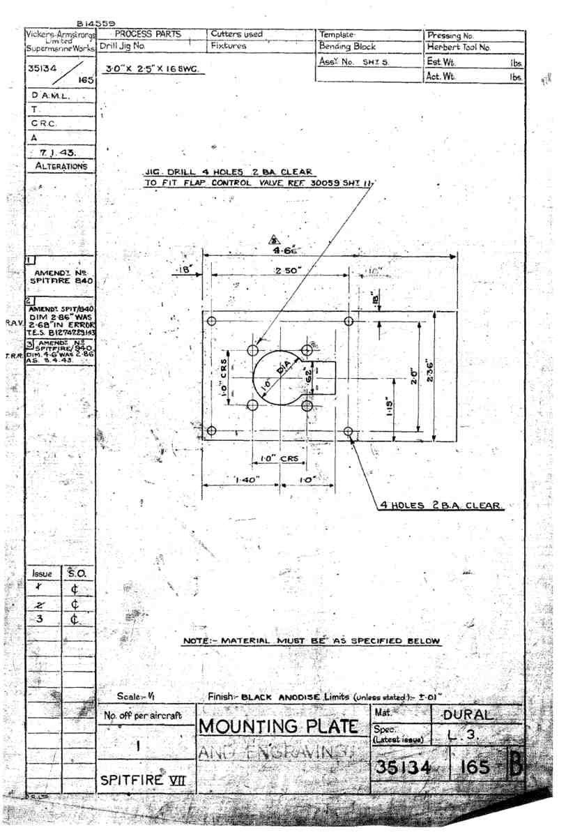 Spitfire Mk VII Type 351 Blueprints 35134 165 B Mounting Plate A4 Photo Print
