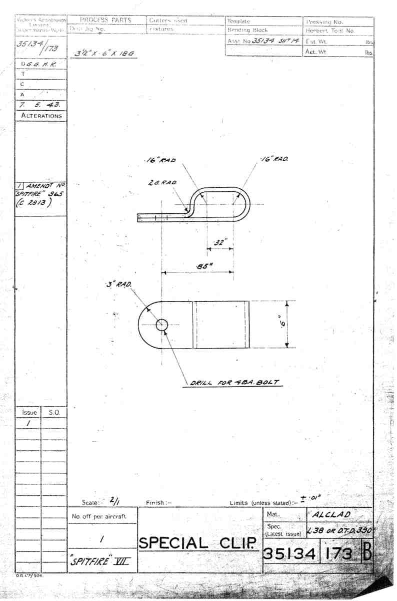 Spitfire Mk VII Type 351 Blueprints 35134 173 B Special clip A4 Photo Print