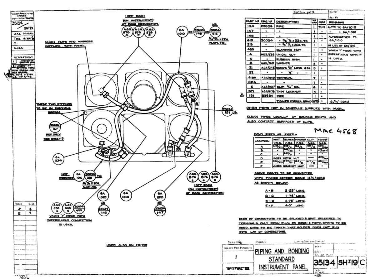 Spitfire Mk VII Type 351 Blueprints 35134 19 C Piping and Bonding Standard Instrument Panel A4 Photo Print