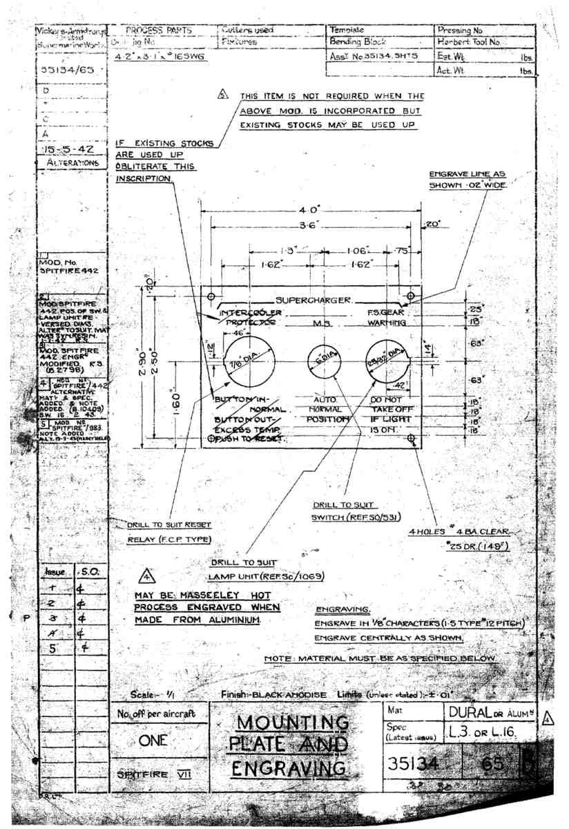 Spitfire Mk VII Type 351 Blueprints 35134 65 B Mounting Plate and Engraving A4 Photo Print