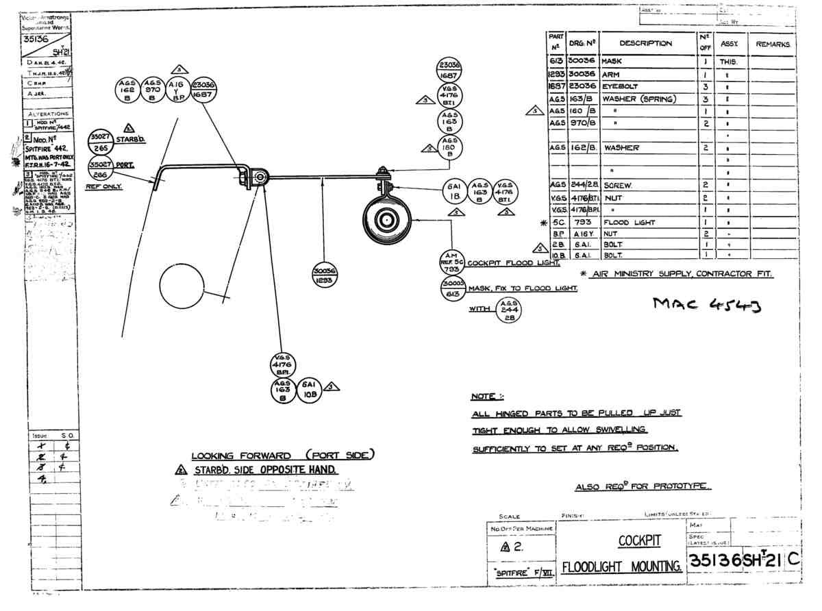 Spitfire Mk VII Type 351 Blueprints 35136 21 C Cockpit Floodlight Mounting A4 Photo Print