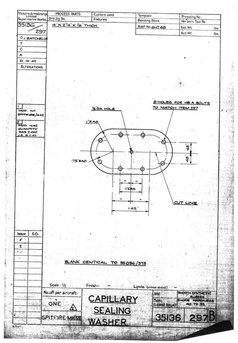 Spitfire Mk VII Type 351 Blueprints 35136 297 B Capillary sealing washer A4 Photo Print