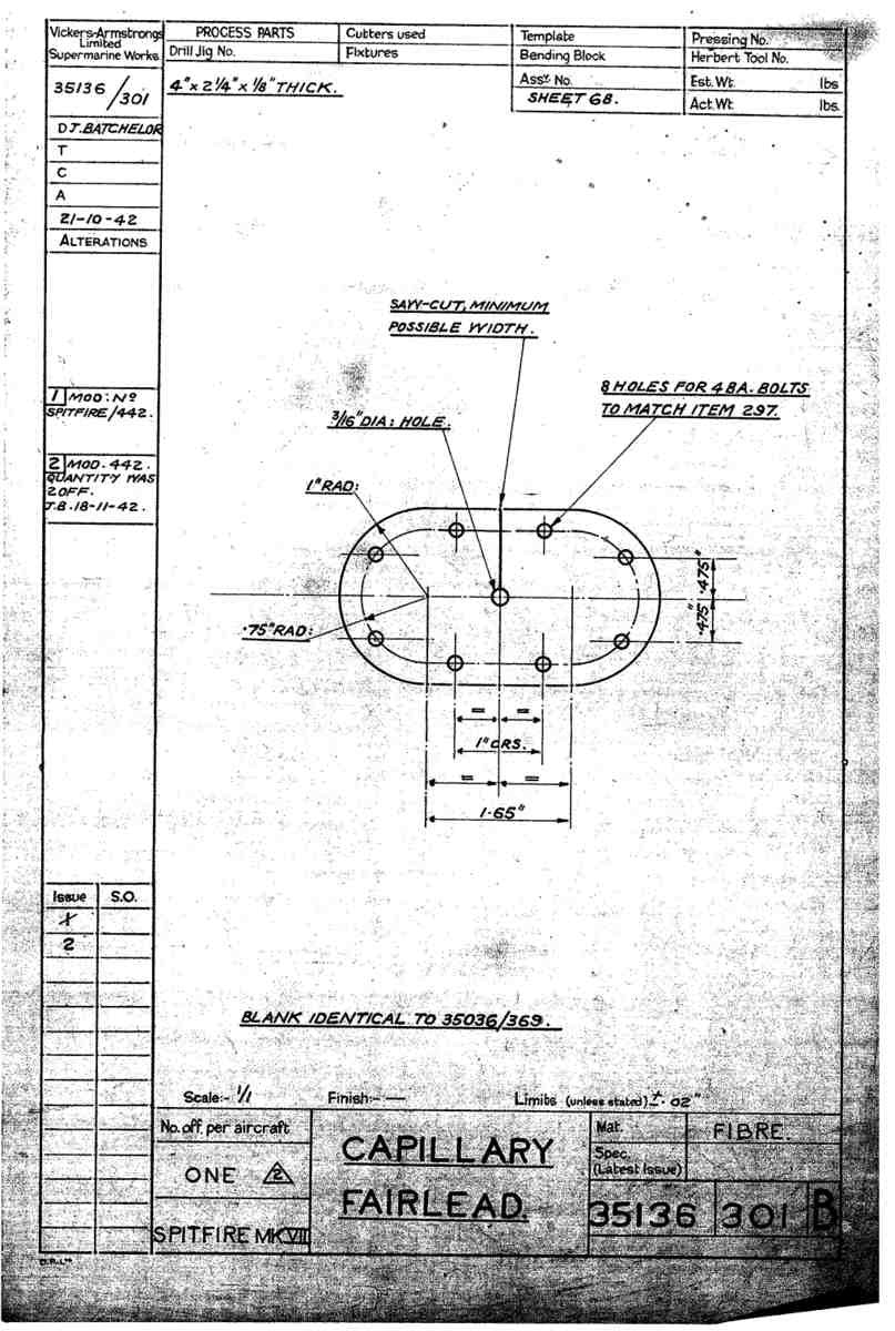 Spitfire Mk VII Type 351 Blueprints 35136 301 B Capillary Fairlead A4 Photo Print