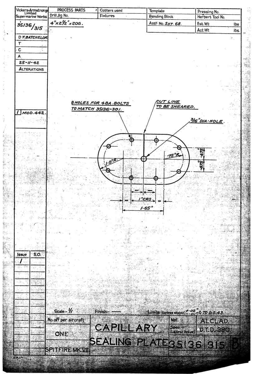 Spitfire Mk VII Type 351 Blueprints 35136 315 B Capillary sealing plate A4 Photo Print