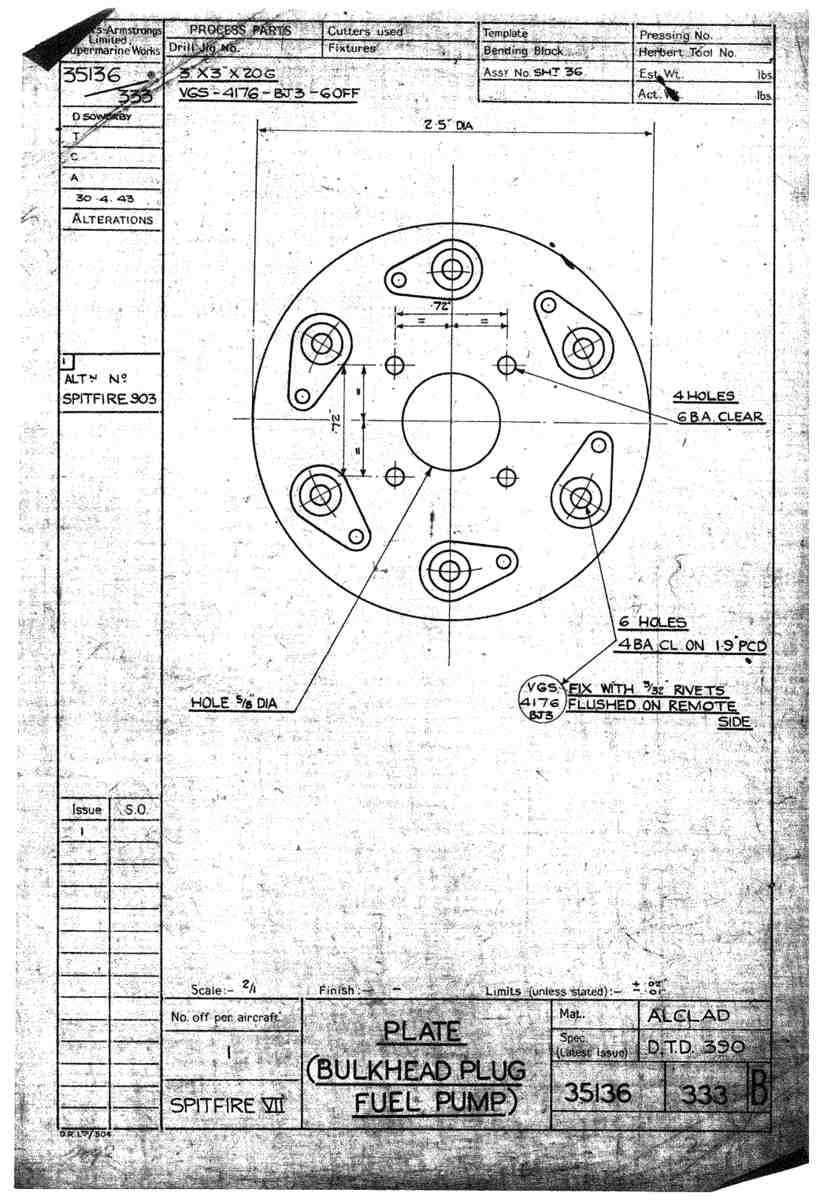 Spitfire Mk VII Type 351 Blueprints 35136 333 B Plate Bulkhead plug fuel pump A4 Photo Print