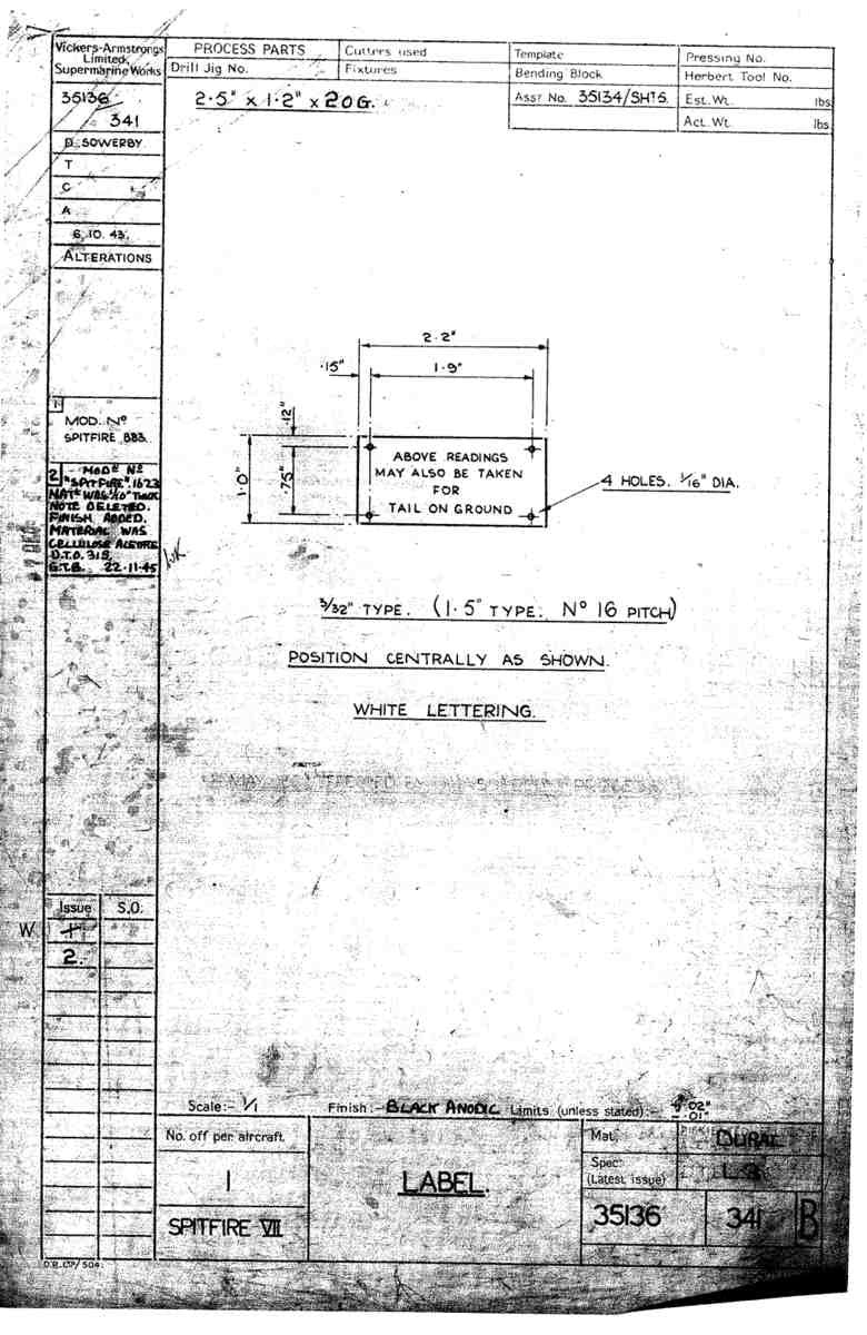 Spitfire Mk VII Type 351 Blueprints 35136 341 B label A4 Photo Print