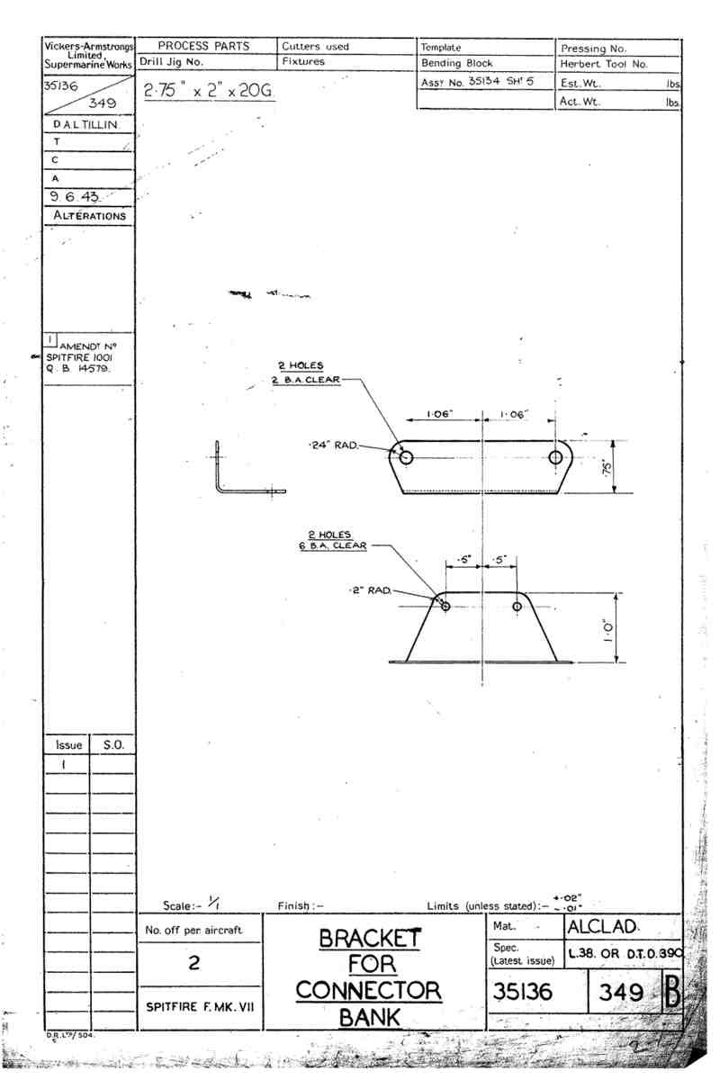Spitfire Mk VII Type 351 Blueprints 35136 349 B Bracket for connector link A4 Photo Print