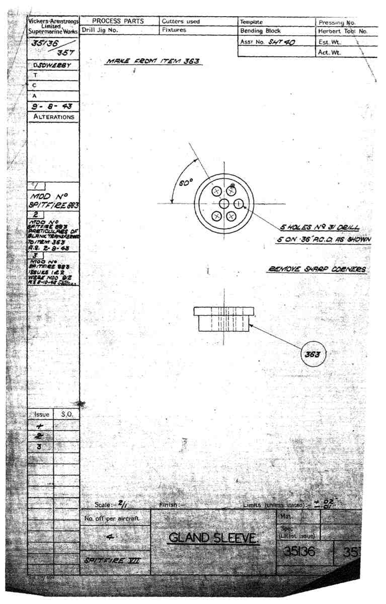Spitfire Mk VII Type 351 Blueprints 35136 357  Gland Sleeve A4 Photo Print