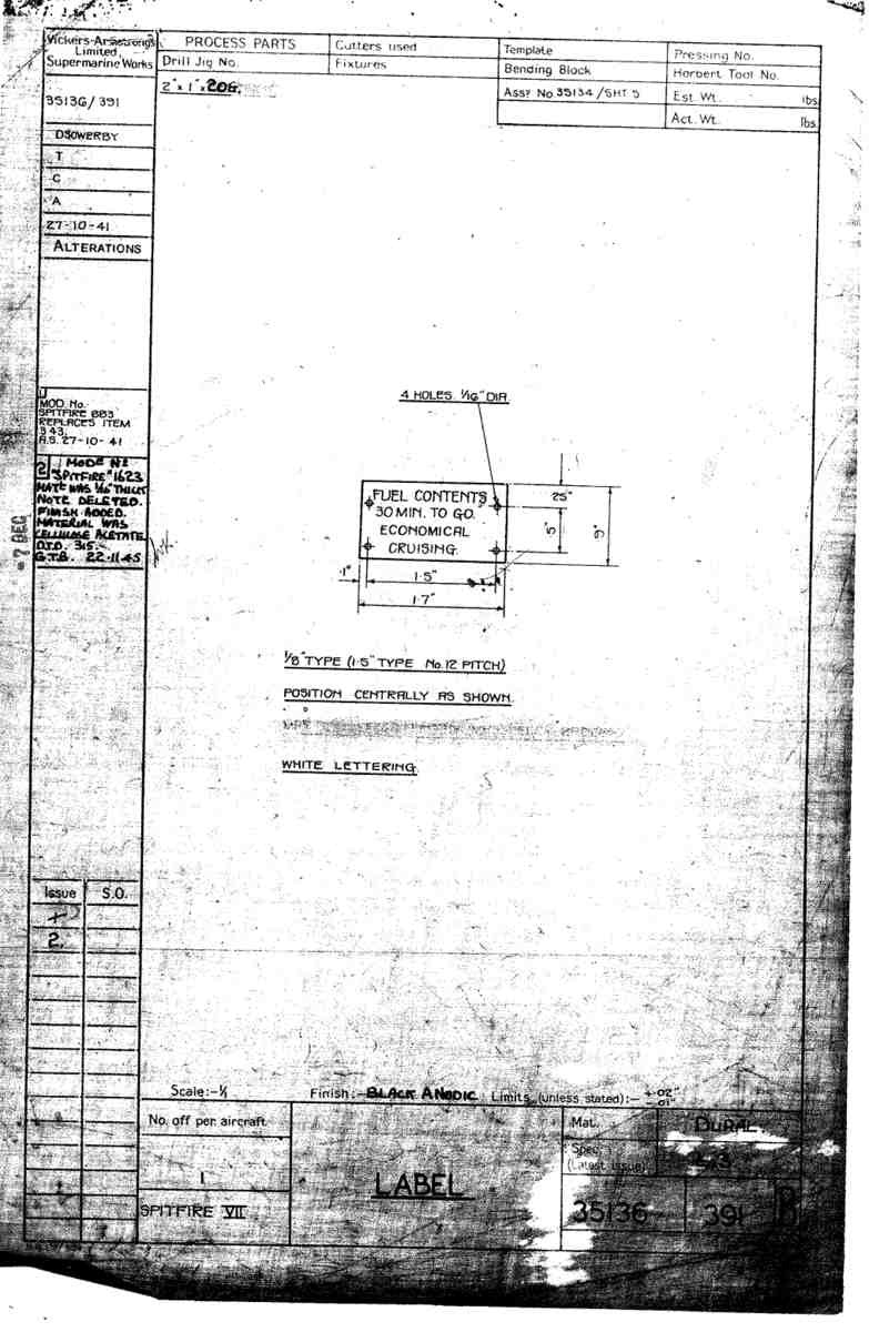 Spitfire Mk VII Type 351 Blueprints 35136 391 B Label A4 Photo Print