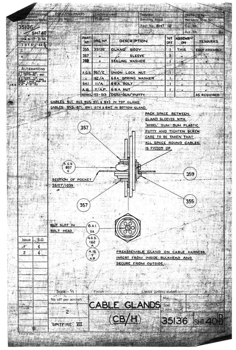 Spitfire Mk VII Type 351 Blueprints 35136 40 B Cable glands CB H A4 Photo Print