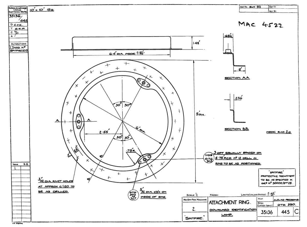 Spitfire Mk VII Type 351 Blueprints 35136 445 C Attachment Ring downward identification lamp A4 Photo Print