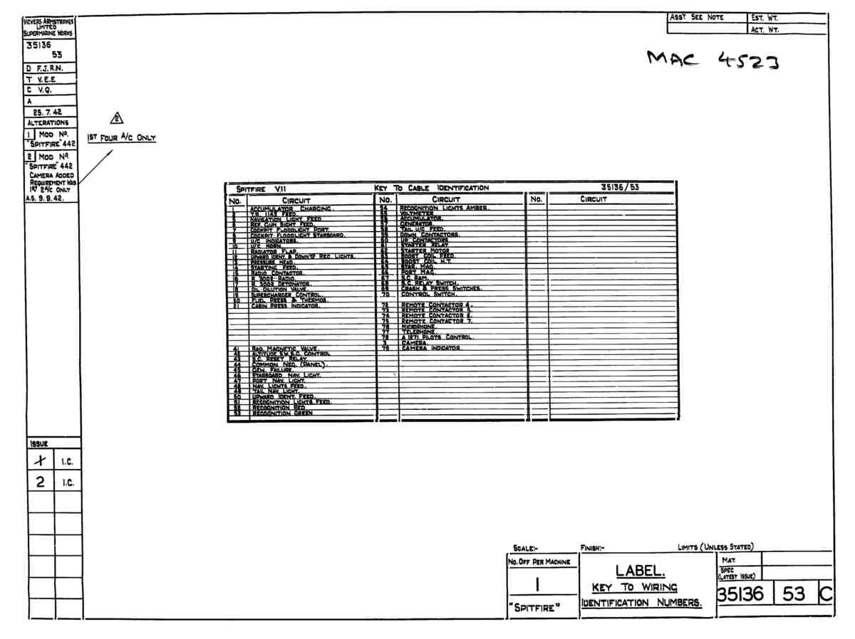 Spitfire Mk VII Type 351 Blueprints 35136 53 C Label key to wiring identification numbers A4 Photo Print