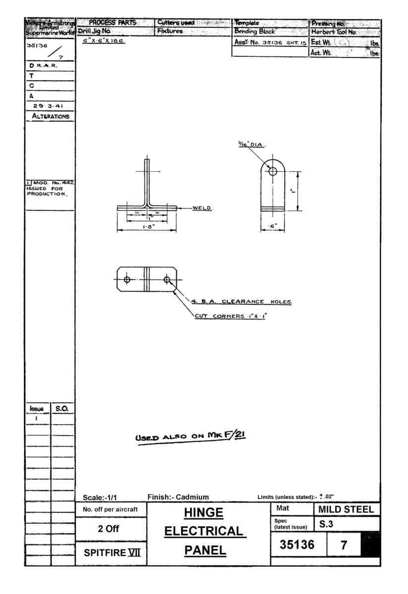 Spitfire Mk VII Type 351 Blueprints 35136 7  Hinge Electrical Panel A4 Photo Print