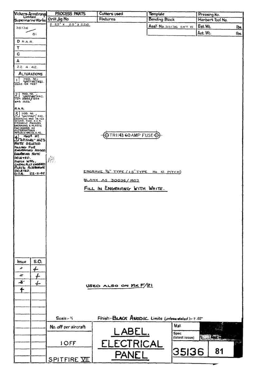 Spitfire Mk VII Type 351 Blueprints 35136 81  Label Electrical Panel A4 Photo Print