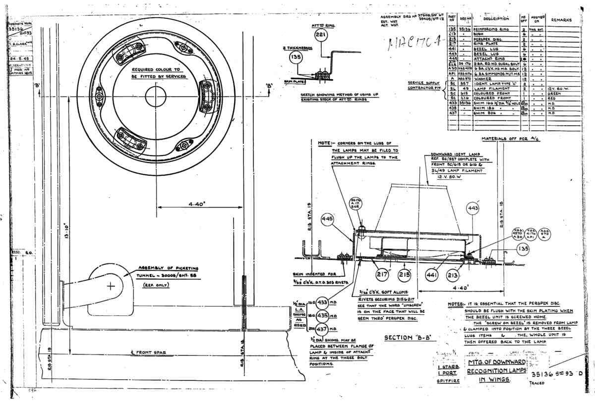 Spitfire Mk VII Type 351 Blueprints 35136 93 D Mtg of Downward Recognition lamps in Wings A4 Photo Print