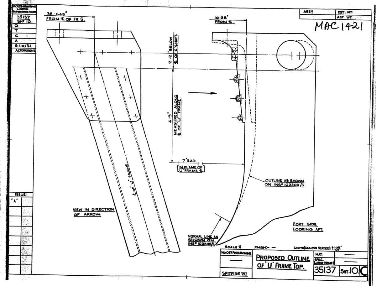 Spitfire Mk VII Type 351 Blueprints 35137 10 C Proposed Outline of U Frame Top A4 Photo Print
