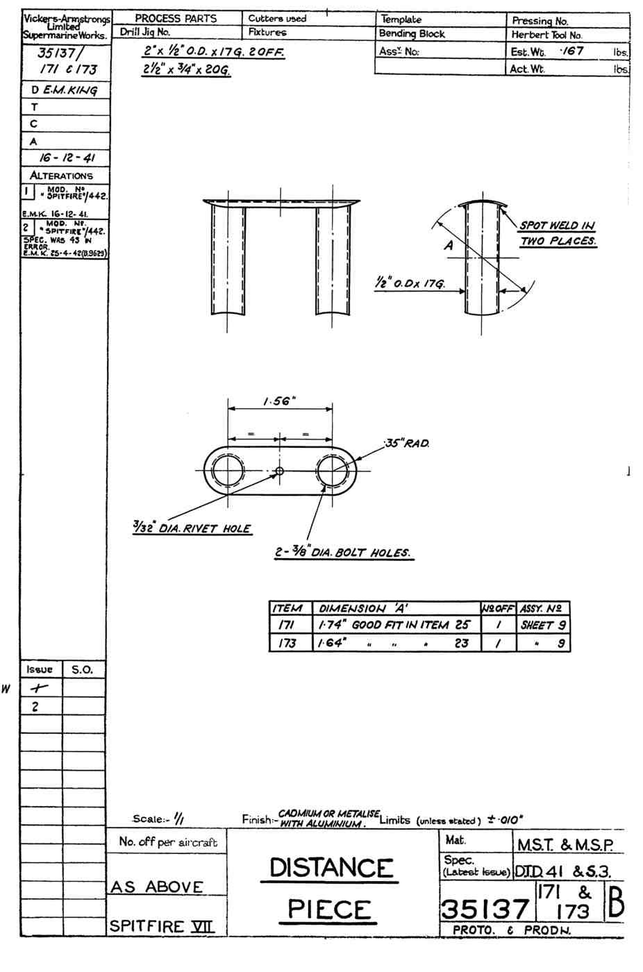 Spitfire Mk VII Type 351 Blueprints 35137 171173 B Distance Piece A4 Photo Print