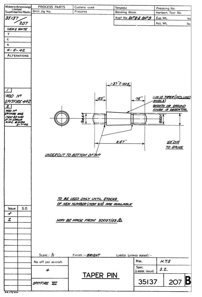 Spitfire Mk VII Type 351 Blueprints 35137 207 B Taper Pin A4 Photo Print
