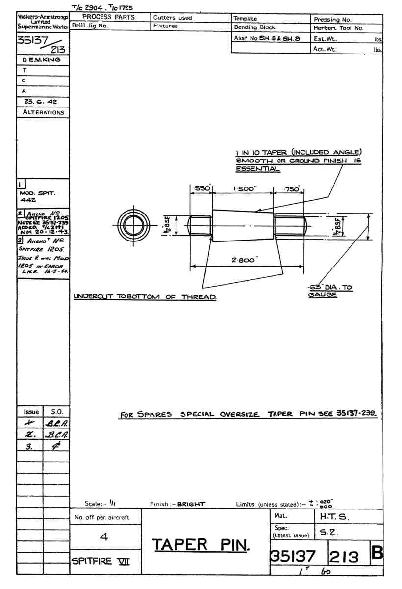Spitfire Mk VII Type 351 Blueprints 35137 213 B Taper Pin A4 Photo Print