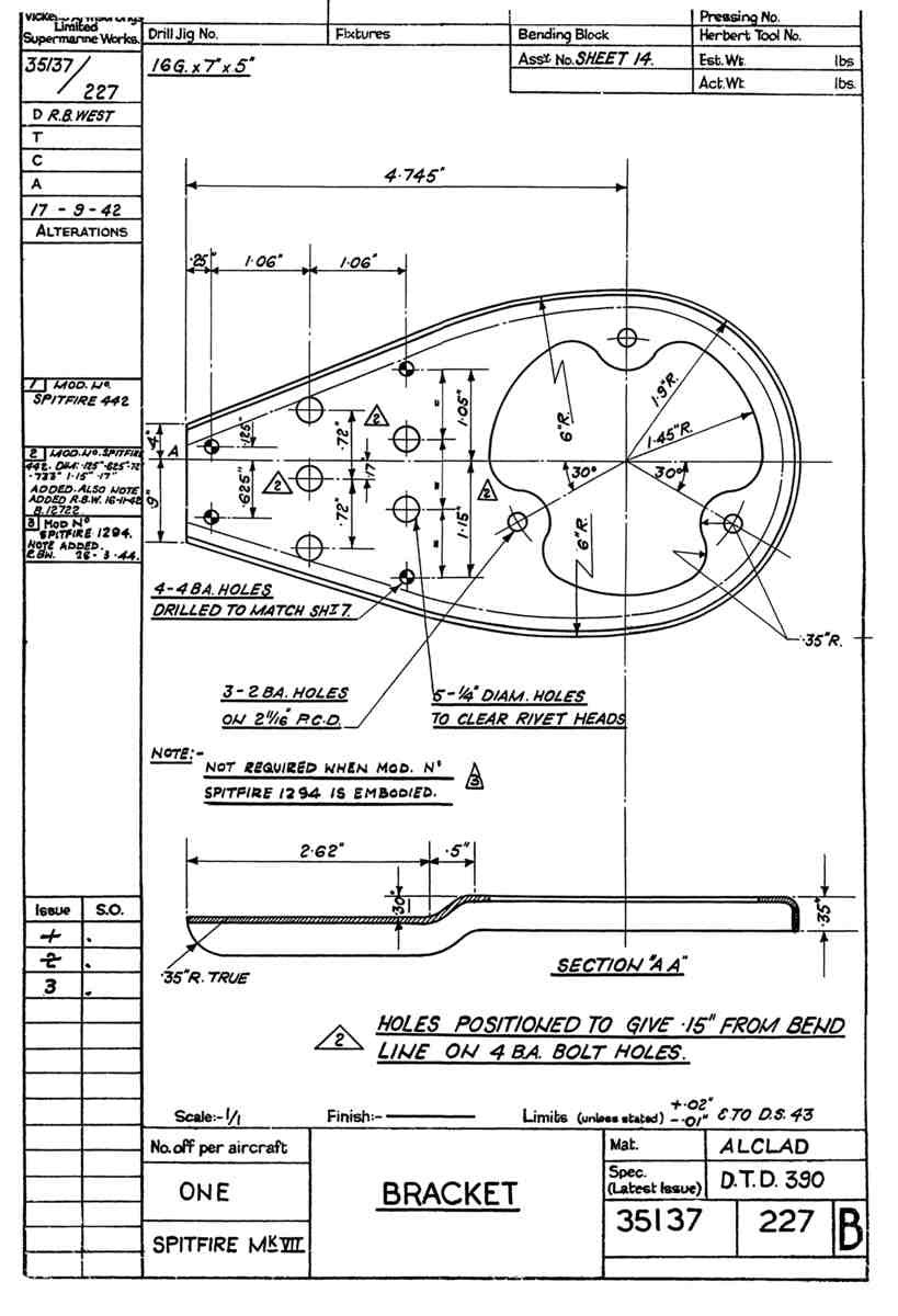 Spitfire Mk VII Type 351 Blueprints 35137 227 B Bracket A4 Photo Print