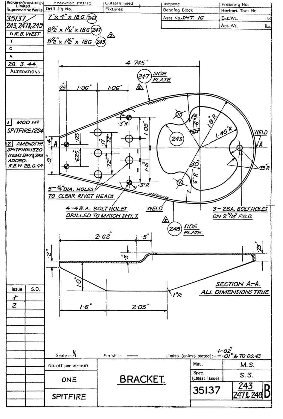 Spitfire Mk VII Type 351 Blueprints 35137 243247249 B Bracket A4 Photo Print