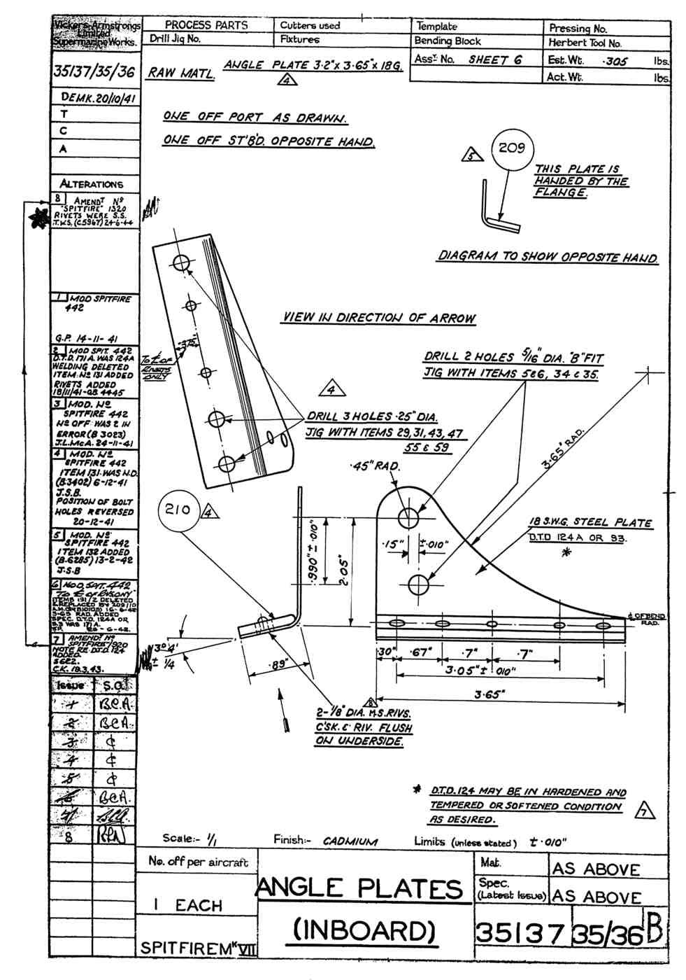 Spitfire Mk VII Type 351 Blueprints 35137 3536 B Angle Plates Inboard A4 Photo Print