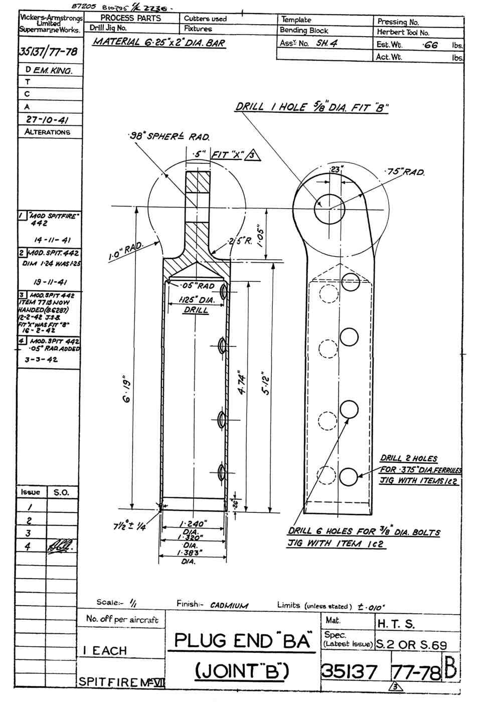 Spitfire Mk VII Type 351 Blueprints 35137 7778 B Plug End BA Joint B A4 Photo Print