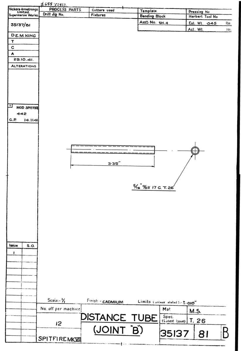 Spitfire Mk VII Type 351 Blueprints 35137 81 B Distance Tube Joint B A4 Photo Print