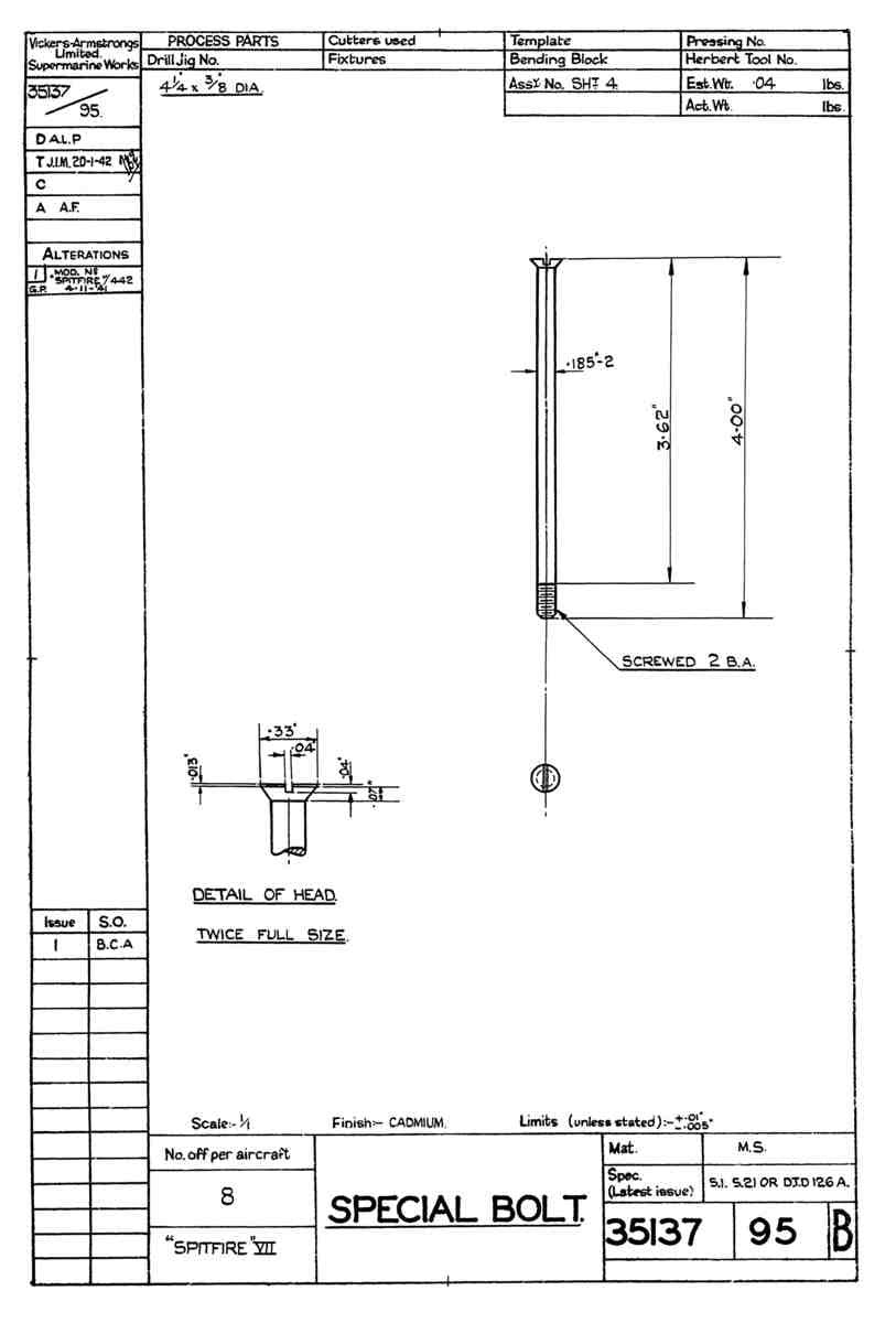Spitfire Mk VII Type 351 Blueprints 35137 95 B Special Bolt A4 Photo Print