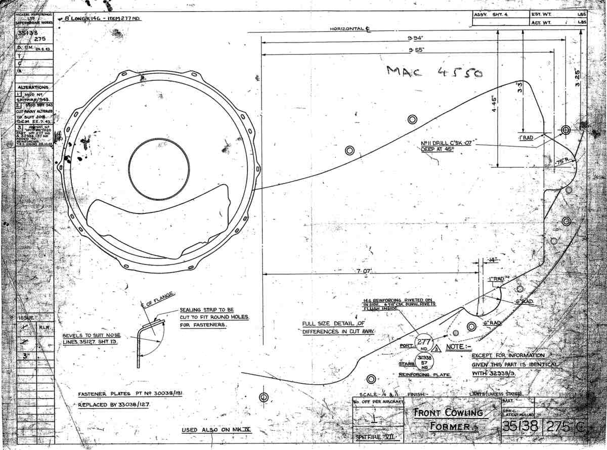 Spitfire Mk VII Type 351 Blueprints 35138 275 C Front Cowling Former A4 Photo Print