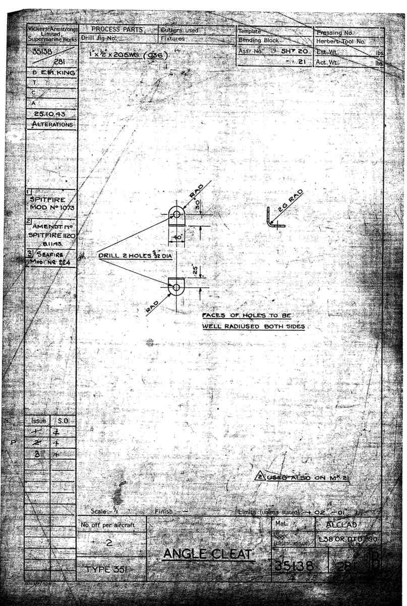 Spitfire Mk VII Type 351 Blueprints 35138 281 B Angle Cleat A4 Photo Print
