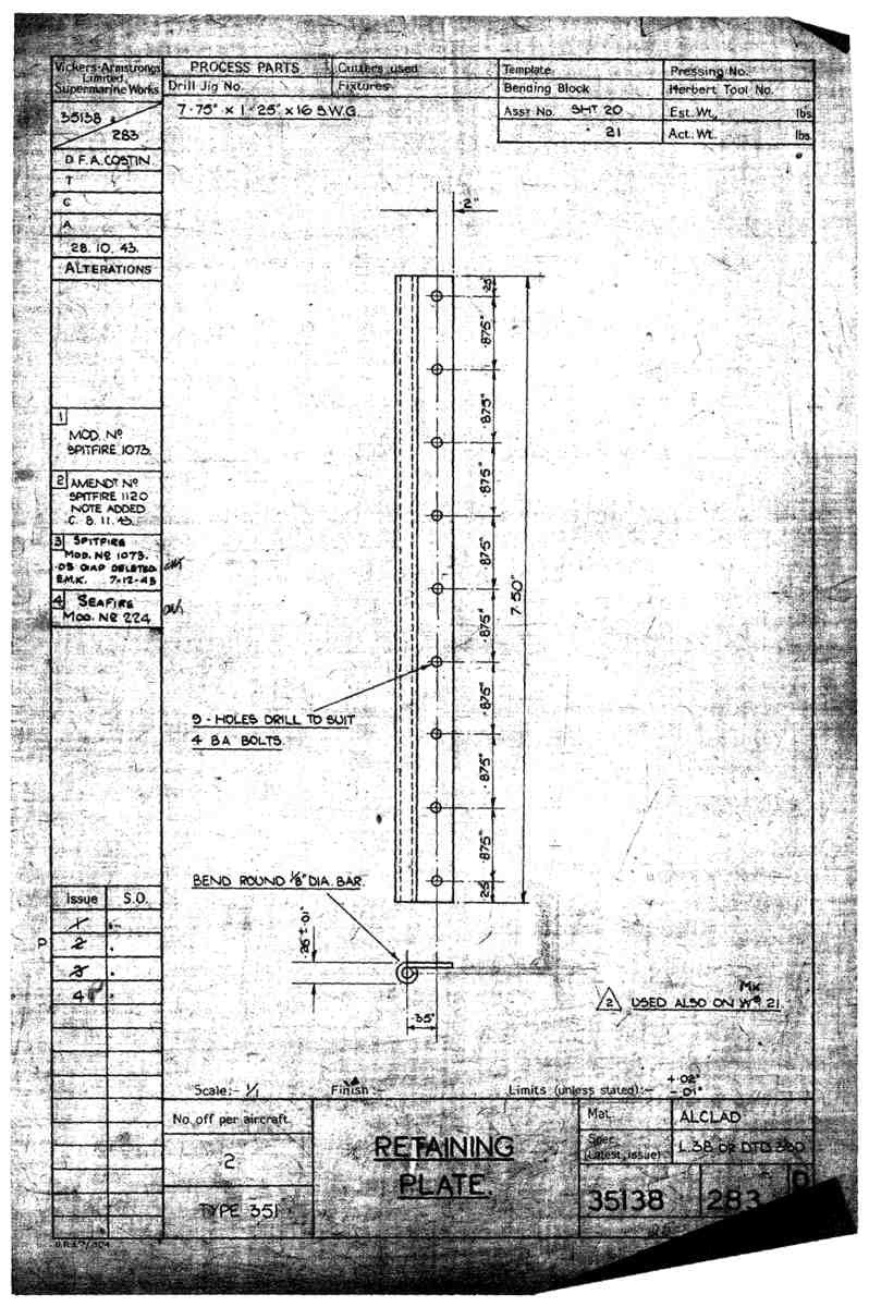 Spitfire Mk VII Type 351 Blueprints 35138 283 B Retaining Plate A4 Photo Print
