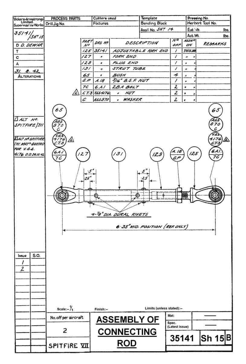 Spitfire Mk VII Type 351 Blueprints 35141 15 B Assembly of Connecting Rod A4 Photo Print