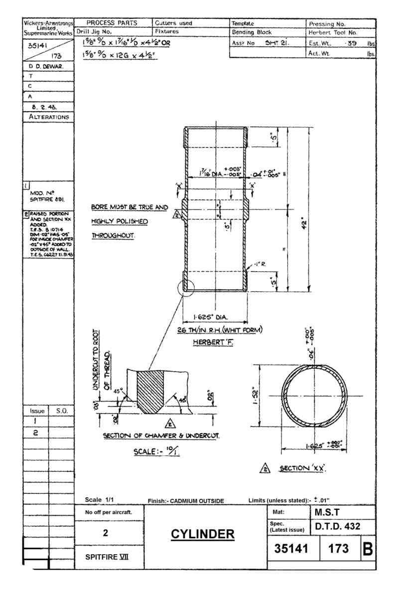 Spitfire Mk VII Type 351 Blueprints 35141 173 B Cylinder A4 Photo Print