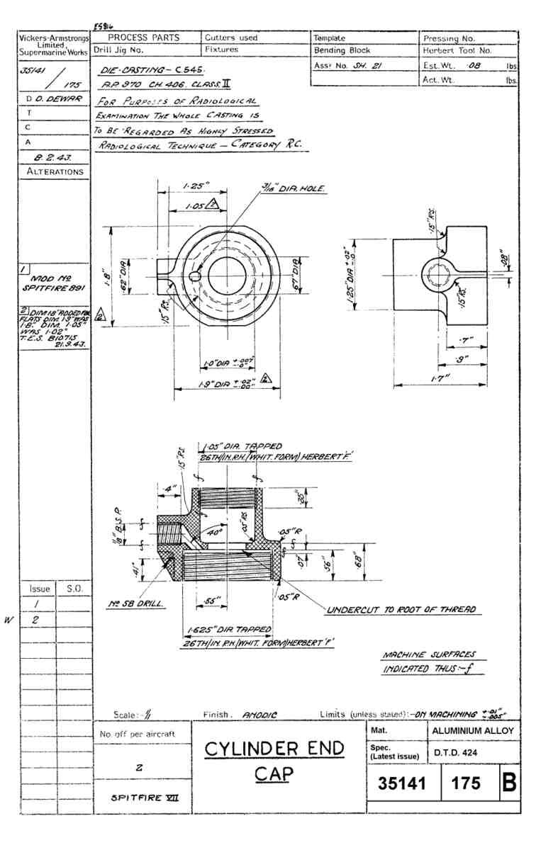 Spitfire Mk VII Type 351 Blueprints 35141 175 B Cylinder End Cap A4 Photo Print