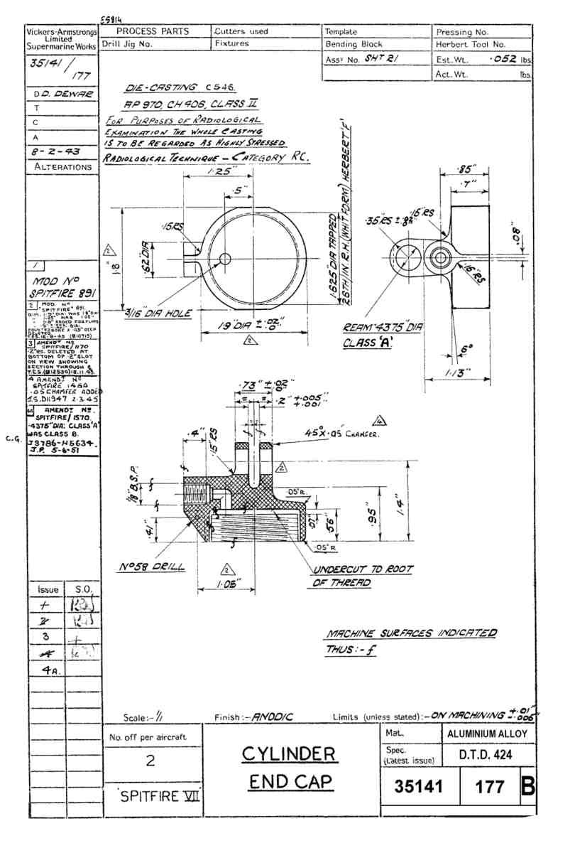 Spitfire Mk VII Type 351 Blueprints 35141 177 B Cylinder End Cap A4 Photo Print