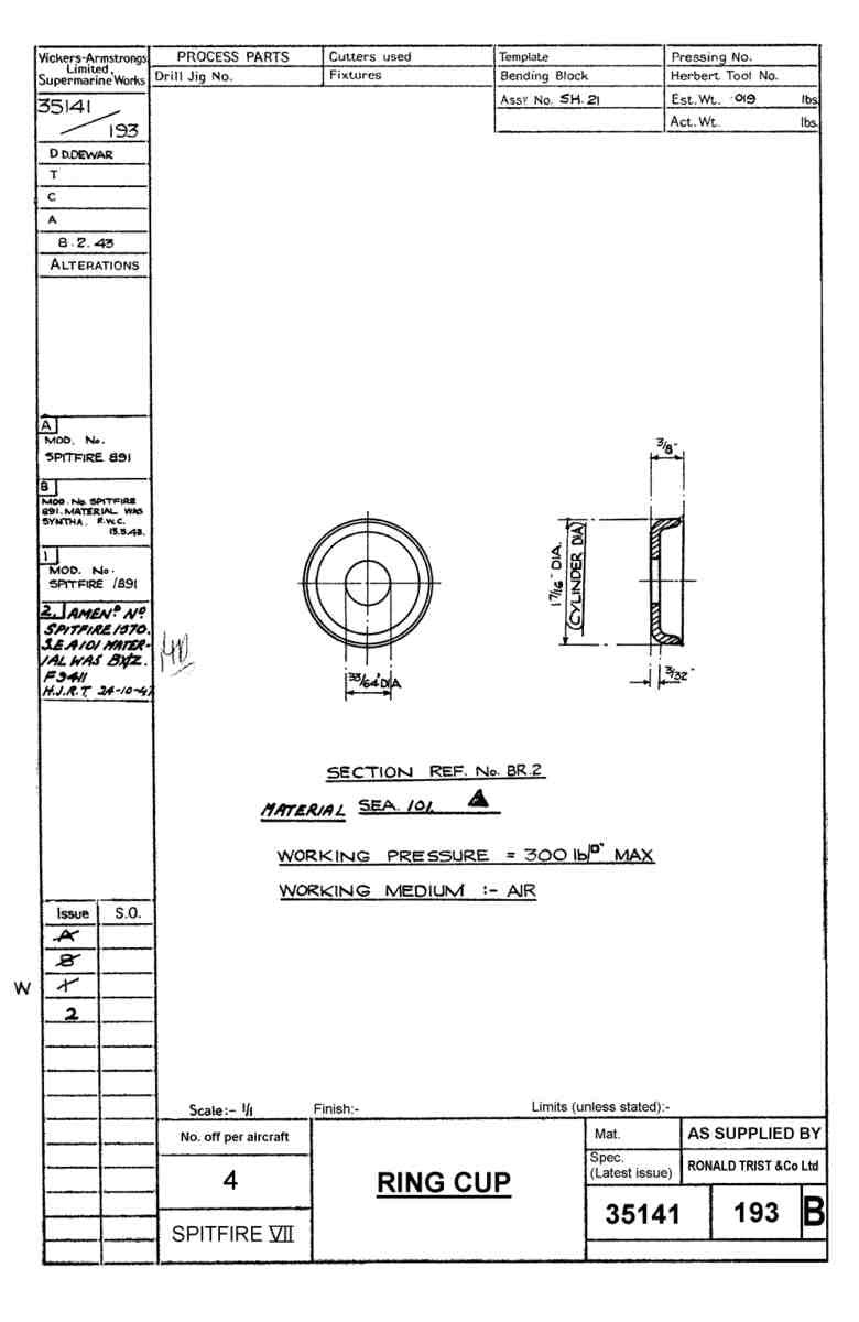 Spitfire Mk VII Type 351 Blueprints 35141 193 B Ring Cup A4 Photo Print