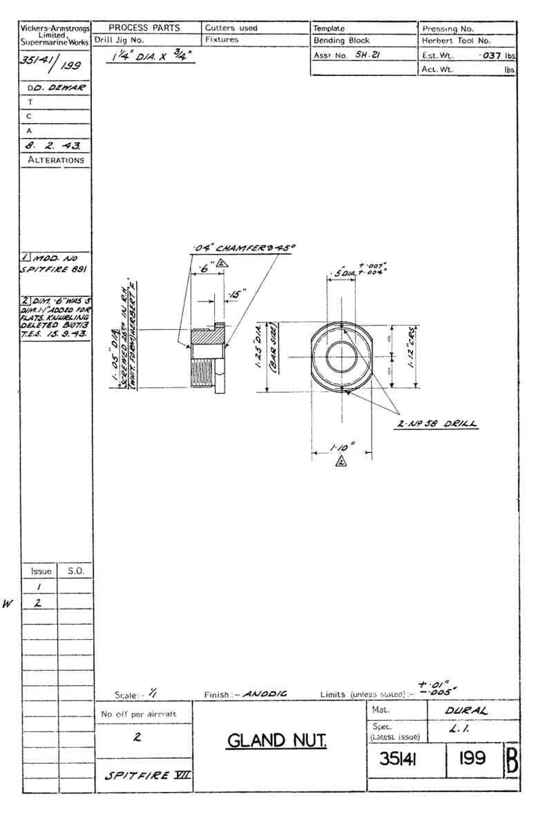 Spitfire Mk VII Type 351 Blueprints 35141 199 B Gland Nut A4 Photo Print