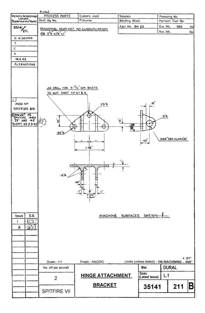 Spitfire Mk VII Type 351 Blueprints 35141 211 B Hinge attachment Bracket A4 Photo Print