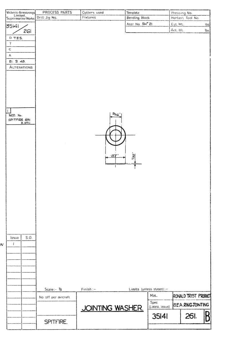 Spitfire Mk VII Type 351 Blueprints 35141 261 B Jointing Washer A4 Photo Print