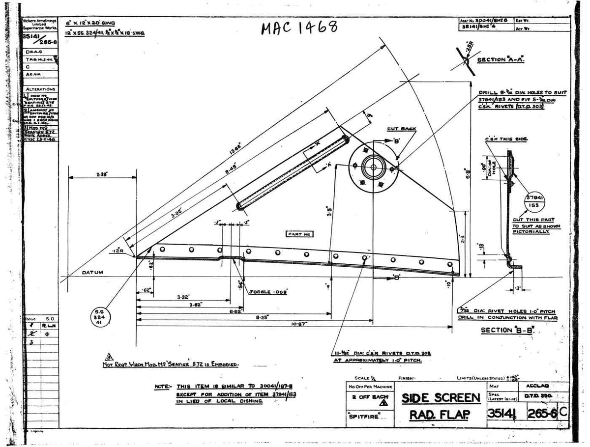 Spitfire Mk VII Type 351 Blueprints 35141 265266 C Side Screen Rad Flap A4 Photo Print