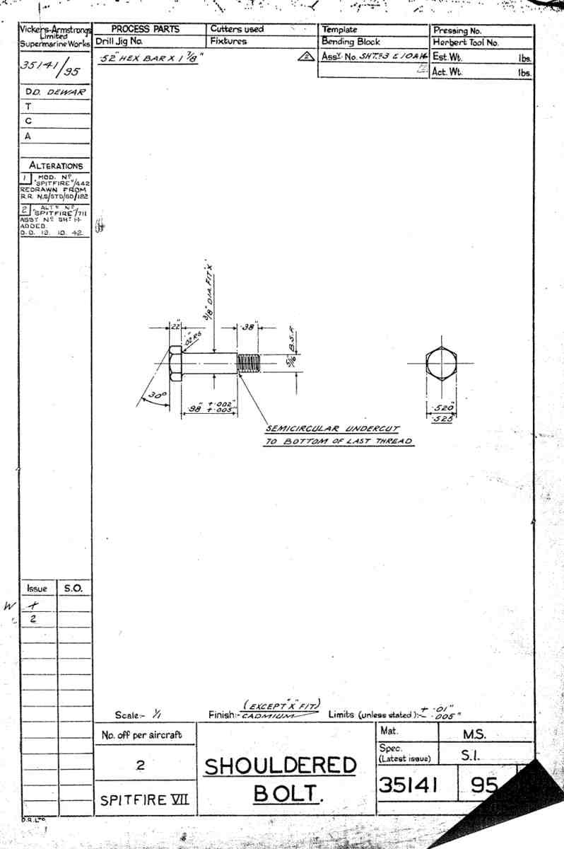 Spitfire Mk VII Type 351 Blueprints 35141 95  Shouldered bolt A4 Photo Print